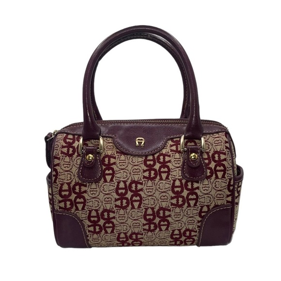 Etienne Aigner Vintage Handbag Burgundy Dark‎ Red Leather Tan Canvas Logo Purse - Picture 1 of 11